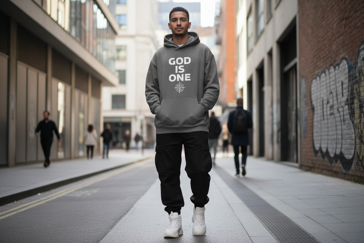 someone wearing God is One hoodie
