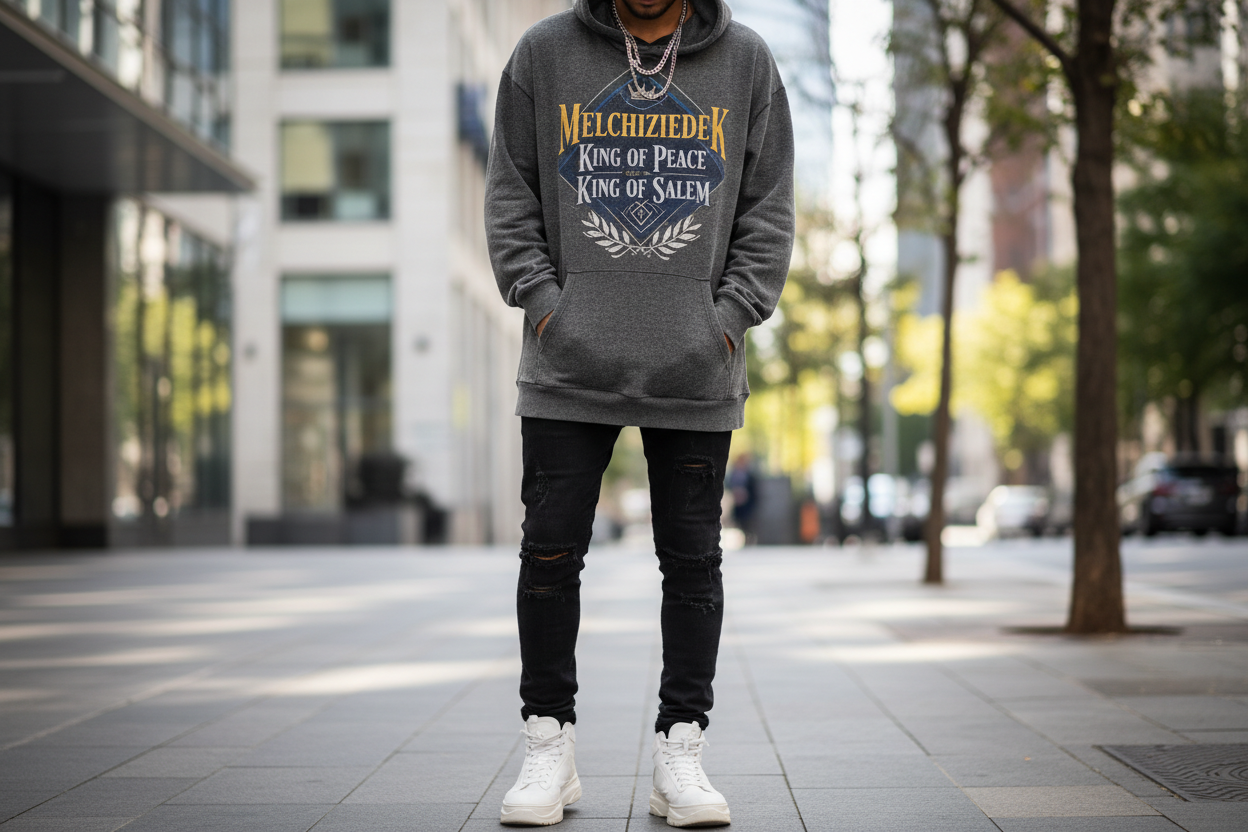 someone wearing the melchezedek king of peace king of salem hoodie